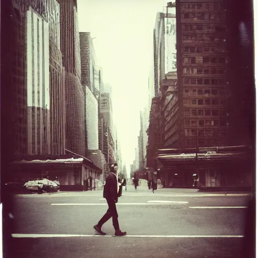 Image similar to An enderman walking the streets of new york, photography, polaroid