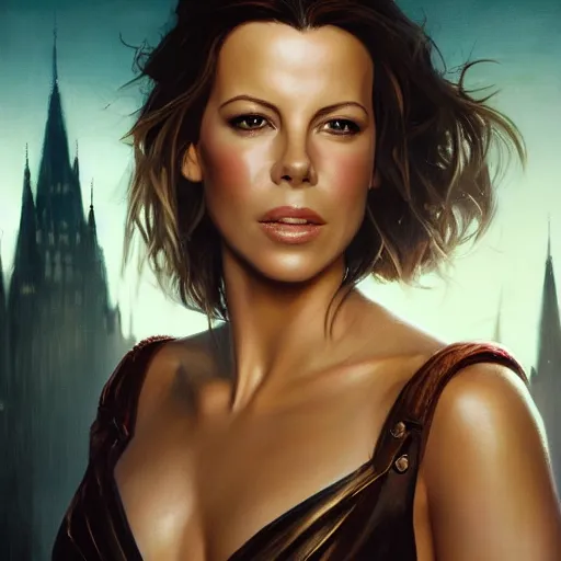 Image similar to closeup portrait of a kate beckinsale, seductive smile, chiaroscuro, city background, golden hour, dramatic lighting, complementary contrast, high detail, painted by greg rutkowski, painted by igor kieryluk, trending on artstation