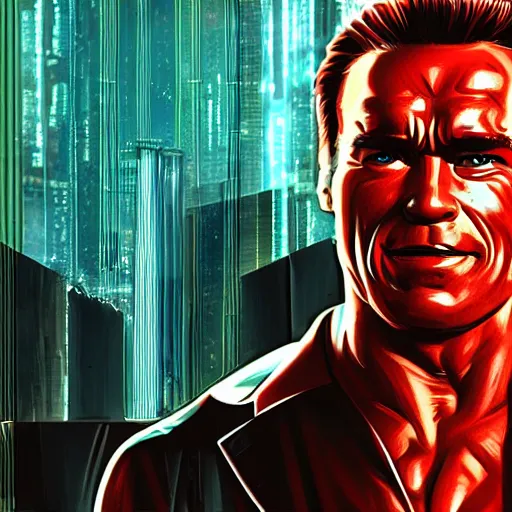 Image similar to cyberpunk arnold schwarzenegger from the movie red heat as the leader of a futuristic communist society, cybernetics, sharp lines, digital, artstation, colored in