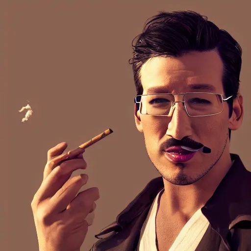 Image similar to a closeup photo of handsome gigachad markiplier smoking a cigar, 8k photorealism, extremly detailed, trending on artstation