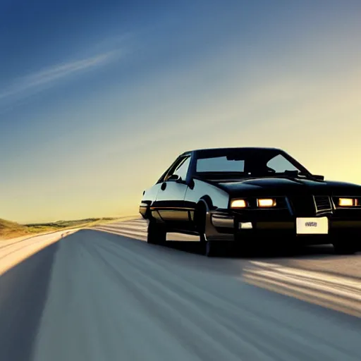 Prompt: a black 1990 Thunderbird super coupe driving on a desert highway viewed from the rear at sunset, photorealistic