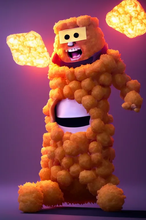 Image similar to channing tatum in a tater tot costume, tater tot face, ef 8 5 mm f 1. 8 usm, bionic scifi alexandre ferra, hyper detailed, digital art, trending in artstation, cinematic lighting, studio quality, smooth render, unreal engine 5 rendered, octane rendered