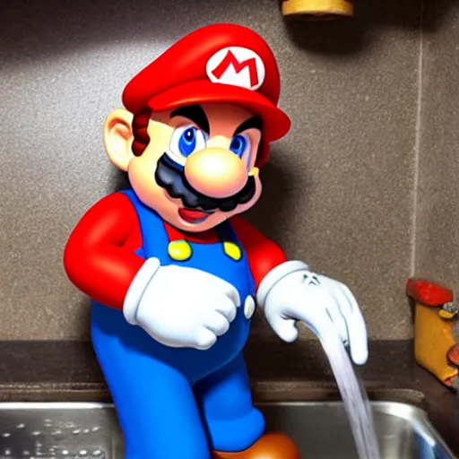 Prompt: Mario the plumber fixing the pipes under the kitchen sink