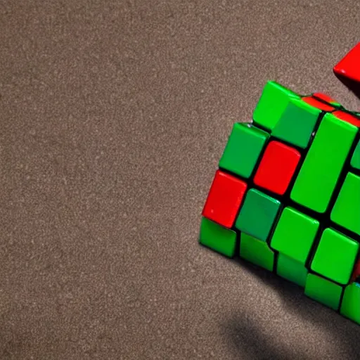 Image similar to a green alien trying to figure out what a rubiks cube is