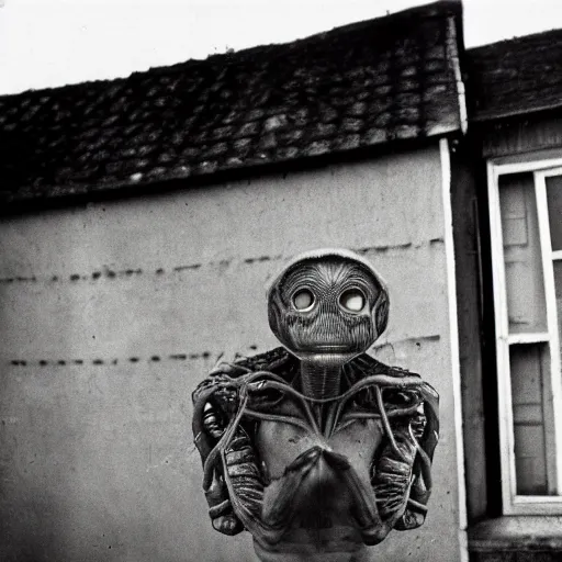Prompt: alien in grandmother's village is photographed against the background of an old house, top secret style photo, 7 0 s