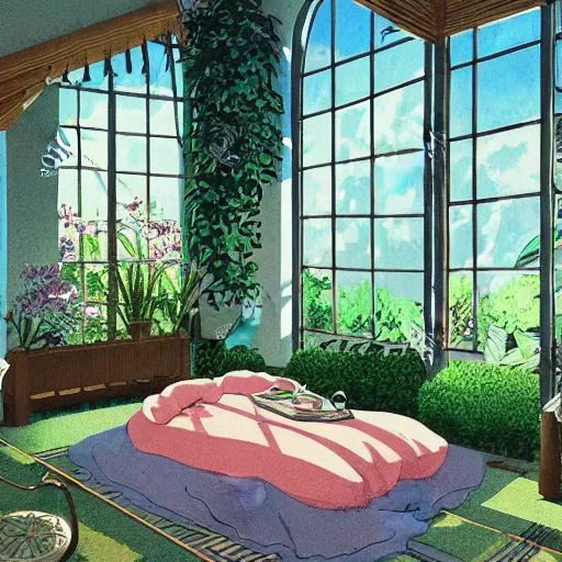 Prompt: Very detailed photoillustration of a meditative room in the warm morning sunlight with windows showing a beautiful garden, studio Ghibli, Wes Anderson