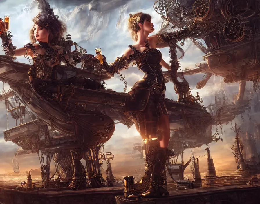 Image similar to a cyborg girl drinking jn fantasy airship tavern, steampunk, realistic fingers, realistic body, realistic clothing, beautiful texture, beautiful graphics, fantasy artwork, very beautiful scenery, hd, hdr, ue 5, ue 6, unreal engine 5, cinematic 4 k wallpaper, 8 k, ultra detailed