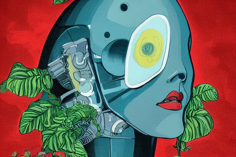 Prompt: gigantic robot - girl head floating in the space, a lot of exotic plants, trees, flowers, oldschool vintage sci - fi flat surreal grainy design, super - detailed, painting by art spiegelman, hd, 4 k, high quality