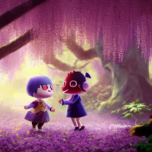 Prompt: animal crossing skye under Wisteria, floral explosion, radiant light, vortex of plum petals, oil painting, Tooth Wu, Greg Rutkowski, RPG portrait, dynamic lighting, fantasy art, High contrast, depth of field