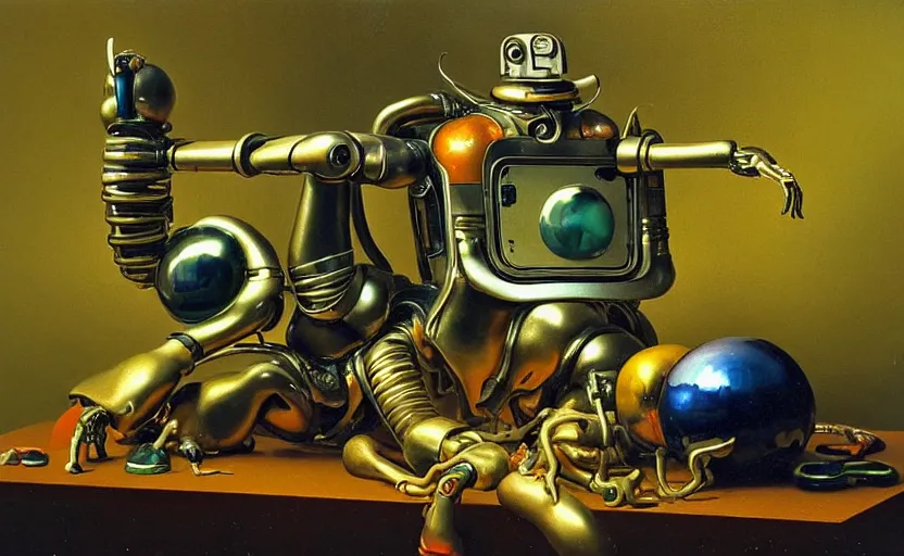 Image similar to strange seductive futuristic robot body, enticing colorful oil painting dutch golden age vanitas still life perfect composition with bulbous objects strange gooey transparent surfaces shiny metal reflections bizarre mutant meat insects rachel ruysch dali todd schorr very detailed perfect composition rule of thirds masterpiece canon 5 0 mm, cinematic lighting, photography, film, kodachrome