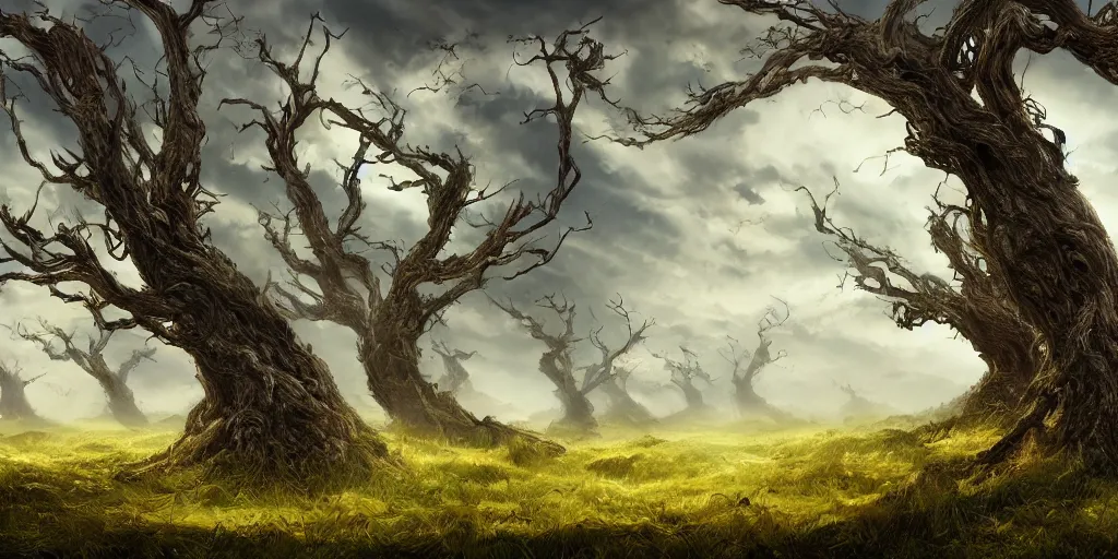 Prompt: swaths of leaned keeled over toppled windswept windswept windswept trees, no visible soil, high quality fantasy art, 4k