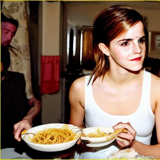 Prompt: Emma Watson eating too much spaghetti