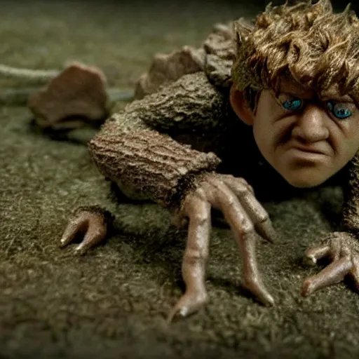 Image similar to claymation of samwise gamgee fighting shelob the spider in LOTR return of the king (2003), gritty, tilt shift, award winning, highly textured, very detailed!, eerie