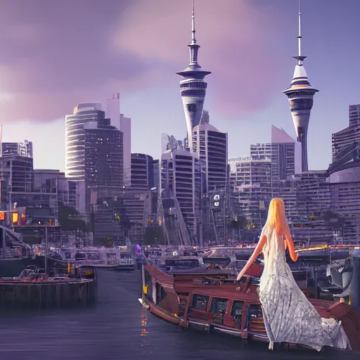 Prompt: auckland city and sky tower and harbor bride solarpunk, dynamic lighting, cinematic composition, artstation, ayan nag, marcin rubinkowski, adrien girod