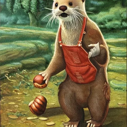 Image similar to an otter child wearing cute overalls holds out a chestnut in its paws, fantasy illustration,