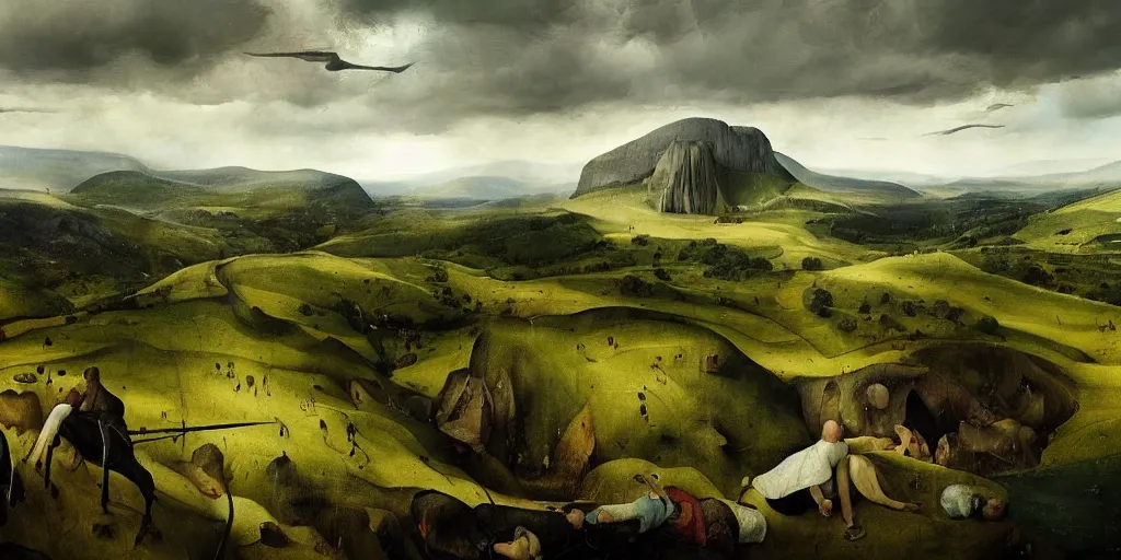 Image similar to very very Beautiful landscape of Aberdeenshire and Bennachie hill in the centre of the painting, physically accurate, dramatic dynamic lighting, intricate, elegant, highly detailed, digital painting, artstation, very hyperrealistic, Hieronymus Bosch, very very Tomas Sanchez, Renaissance, concept art, smooth, sharp focus, illustration, art by artgerm and greg rutkowski and alphonse mucha