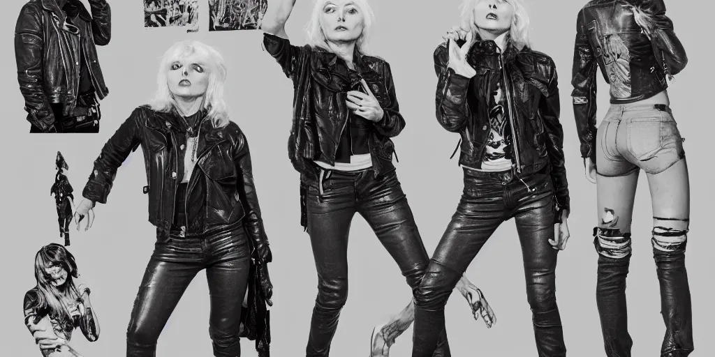 Prompt: young debbie harry as a wanderer with tattooed arms and legs wearing a scratched leather and ripped aviator leather jeans, wearing a short black jacket with rusty medals on it, character sheet, head details, props, concept design, contrast, kim jung gi, greg rutkowski, trending on artstation, 8 k, full body, turnaround, ultra wide angle, pincushion lens effect