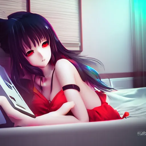 Prompt: advanced 3 d render digital anime art!!, gamer girl in bedroom