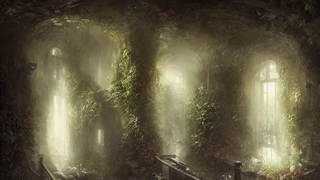 Image similar to hidden underground is a tiny, secret garden. andreas achenbach, artgerm, mikko lagerstedt, zack snyder, tokujin yoshioka