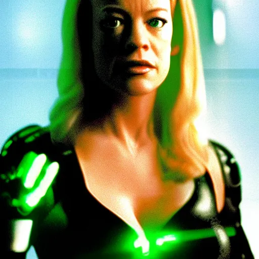 Image similar to Jeri Ryan Seven of Nine, as a borg (a cybernetic organism), gloomy green lighting