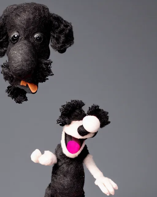 Prompt: a black poodle dog as a muppet playing fetch. highly detailed felt. hyper real photo. 4 k.