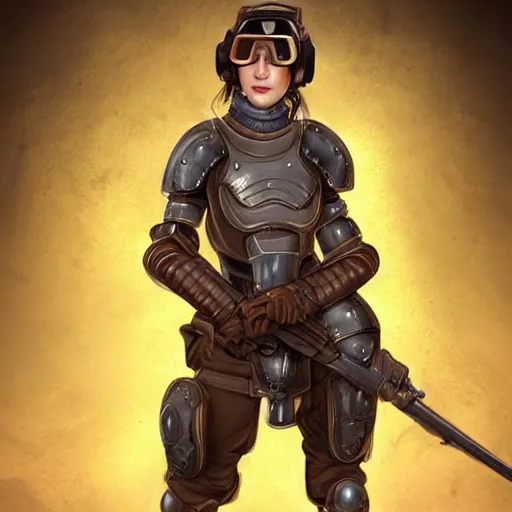 Image similar to female artificer with futuristic rifle, tubes connecting mediaeval half plate armor to rifle, brown hair, smiling, portrait, goggles over forehead, trending on artstation, digital art