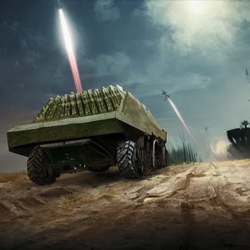 Prompt: Watermelon as military vehicle with epic weapons, launching rockets on a battlefield, russian city as background. Concept digital art in style of Caspar David Friedrich, More Military vehicle less watermelon, epic RTX dimensional dramatic light