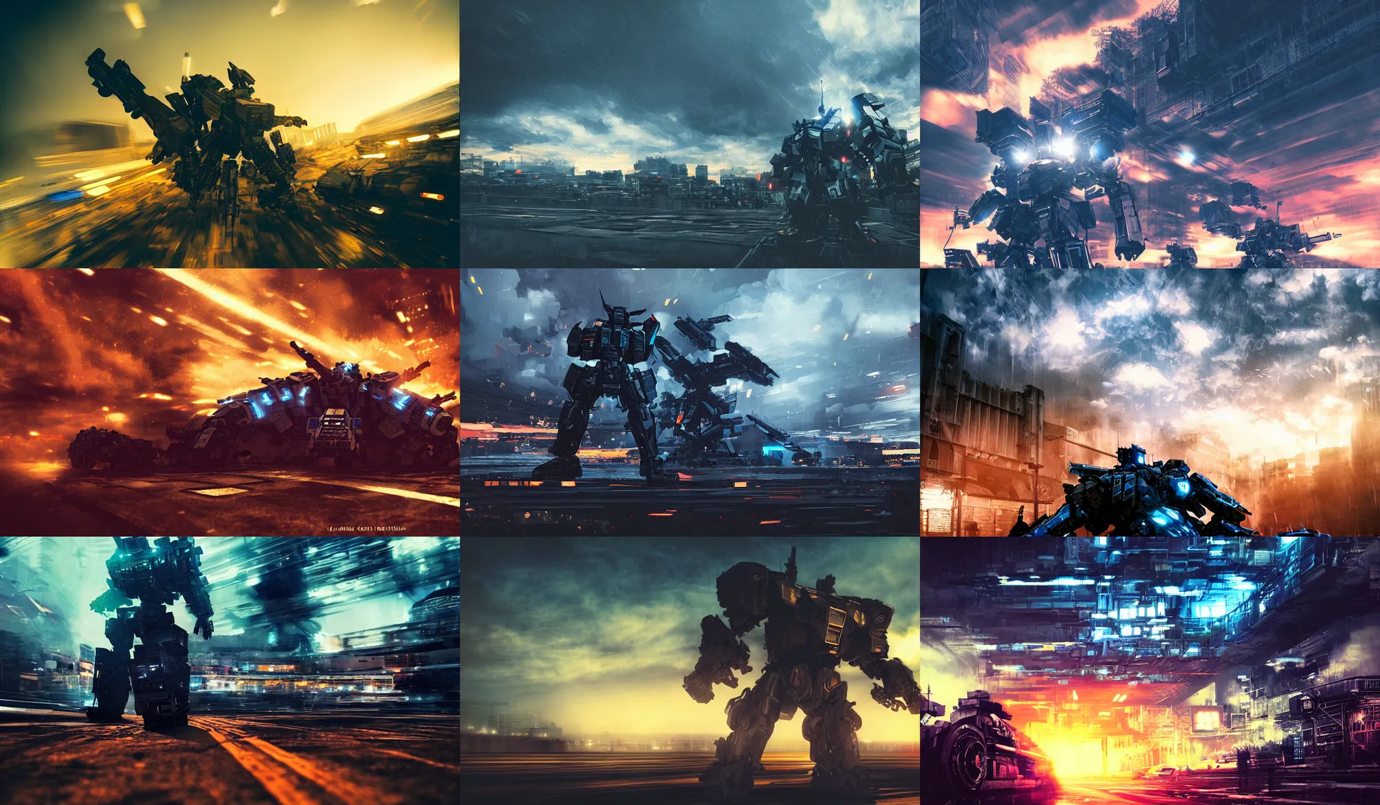 Prompt: armored core v by liam wong, ; outdoor, pure blue sky, cloud, wilderness ground, golden time, twilight ; digital painting, dynamic contrast, bokeh, motion blur, photoreal, cinematic,