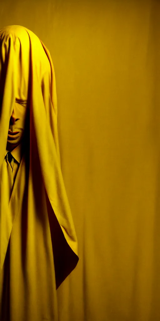 Image similar to faceless man in a yellow suit, hidden behind torn cloth swirling violently