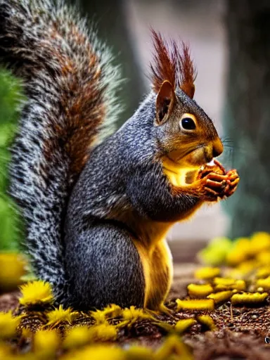 Image similar to the squirrel king, extremely plump, wearing crown of acorns and dandelions, servant squirrels, king arthur's court, game of thrones, sitting on throne, low angle, palace, fantasy art, cinematic lighting, realistic, sony 2 4 mm f 4. 0