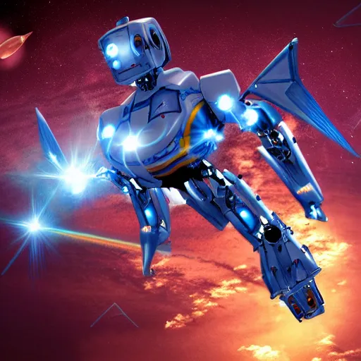 Image similar to robot mecha angel flying in space, realistic, detailed, light,