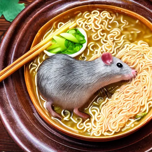 Image similar to ! dream rat in ramen bowl, michelin star restaurant, award winning photo, food photography, 4 k