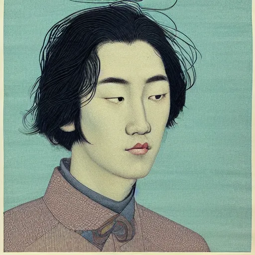 Image similar to “ matthew smith portrait by ikenaga yasunari and ayana otake and ko rakusui, 6 0 s poster, drawing, realistic, sharp focus, japanese, dreamy, nostalgia, faded, golden hues, floral clothes, porcelain skin ”