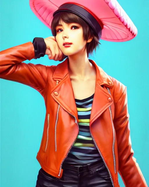 Image similar to pineapple girl wearing a candy hat and leather jacket, fine detail!! anime!! realistic shaded lighting!!, kim hyun joo, digital painting by ilya kuvshinov, magali villeneuve, artgerm, jeremy lipkin and michael garmash and rob rey