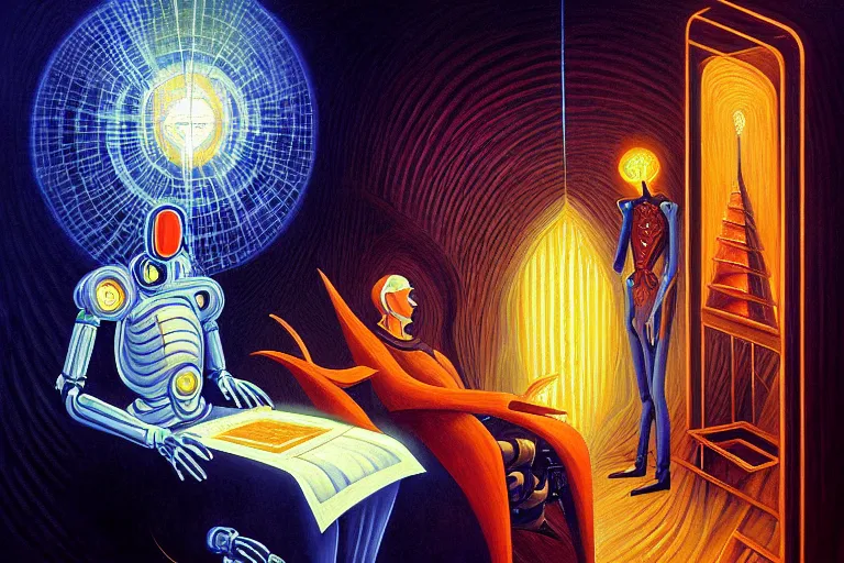 Image similar to a beautiful masterpiece painting of a cybernetic wizard discussing sentience with his AI by Remedios Varo and Anato Finnstark