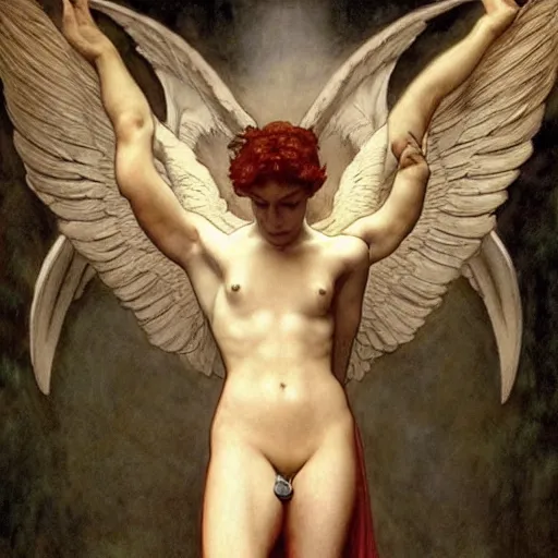 Image similar to godlike awe-inspiring Lucifer portrait, standing tall invincible, beautiful angelic wings, stunning, breathtaking, award-winning, groundbreaking, concept art, nouveau art, Dark Fantasy mixed with Socialist Realism, by Michelangelo, Caravaggio, Alphonse Mucha, Michael Whelan, William Adolphe Bouguereau, John Williams Waterhouse, and Donato Giancola, extremely moody lighting, glowing light and shadow, atmospheric, fine art, trending, featured, 8k, photorealistic, complex, intricate, 3-point perspective, hyper detailed, unreal engine 5, IMAX quality, cinematic, symmetrical, high resolution, 3D, PBR, path tracing, volumetric lighting, octane render, arnold render