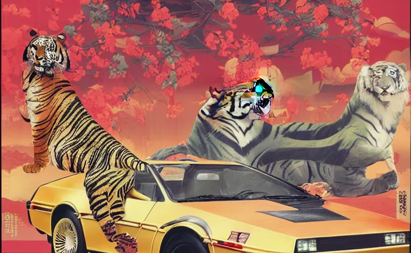 Prompt: a red delorean with a giant yellow tiger, art by hsiao - ron cheng and utagawa kunisada in a magazine collage, # de 9 5 f 0