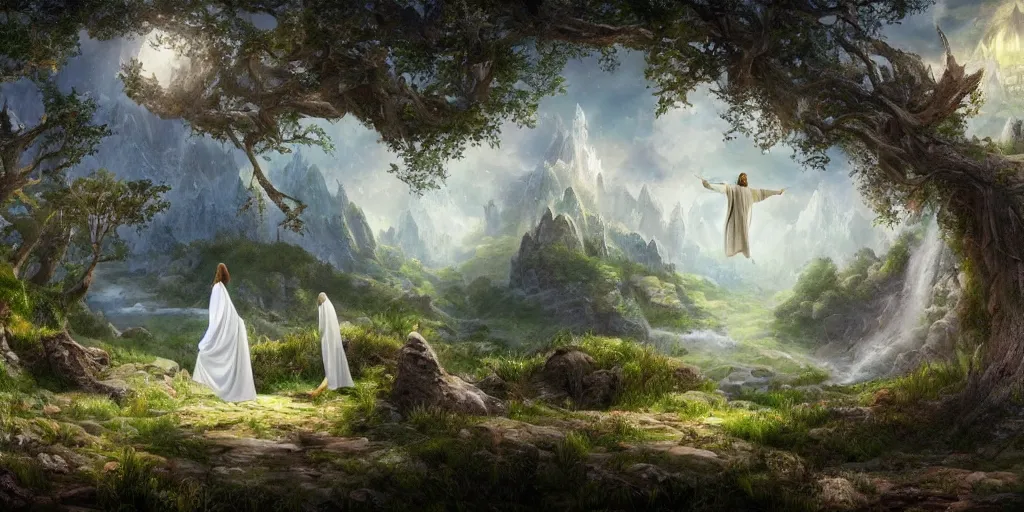 Prompt: a fantasy landscape with white beautiful trees and jesus standing closeup, perfect faces