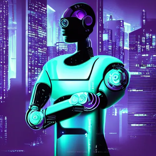 Image similar to cyberpunk style poster with a robot, purple color theme