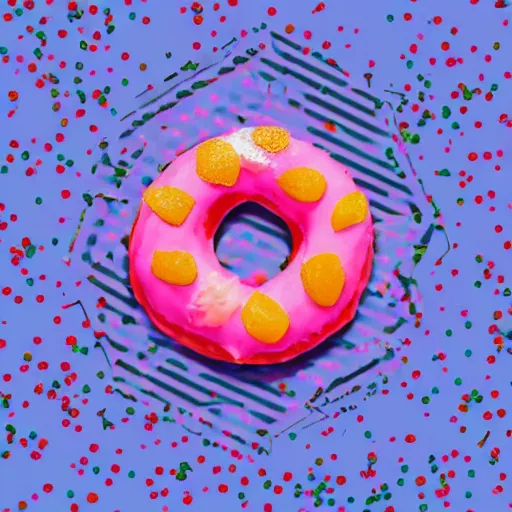 Prompt: strawberry frosted donut with sprinkles, pop art, album cover, shadow,