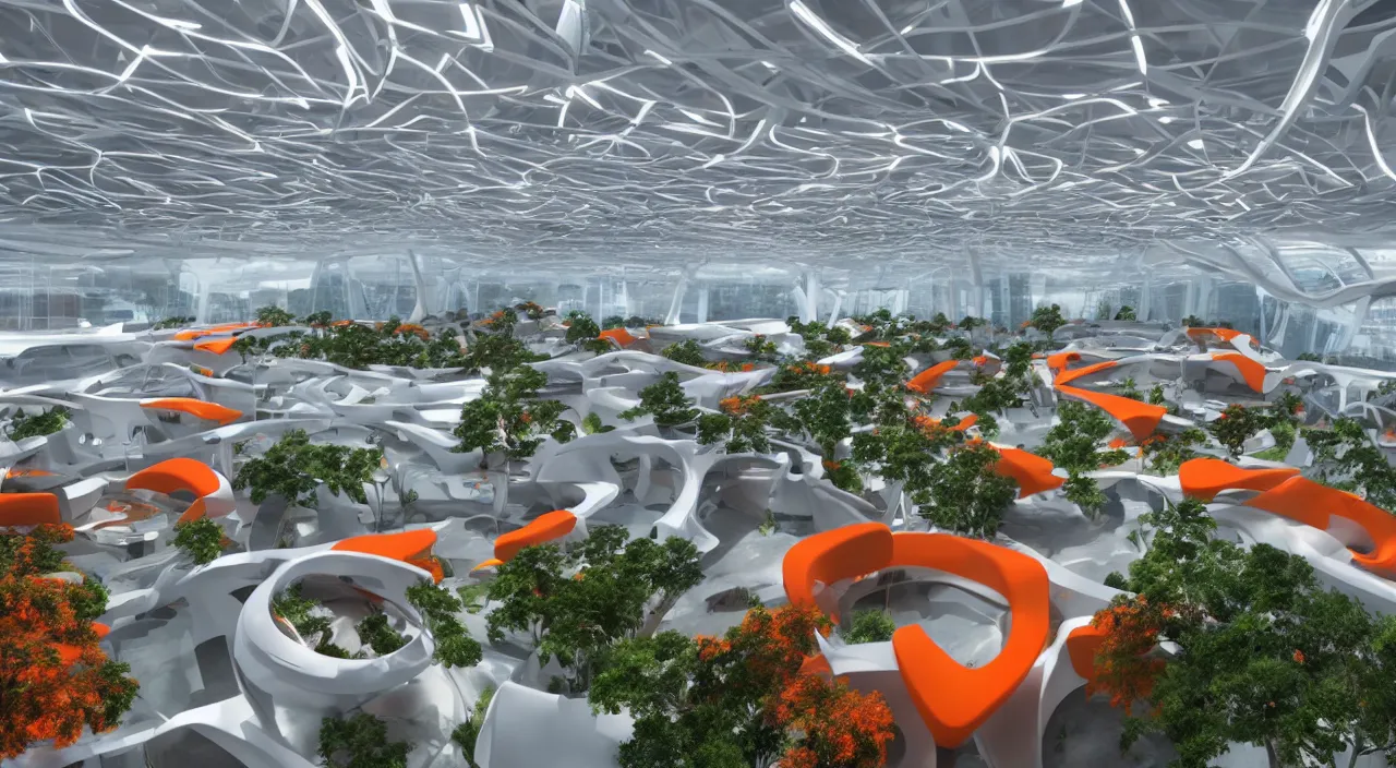 Image similar to futuristic open office with parks and plants, glowing computer screens, made with glossy white plastic and large windows and voluminous light and light rays, extremely intricate, very detailed, in style of zaha hadid, artstation, octane render, with red and orange highlights, cinematic lighting