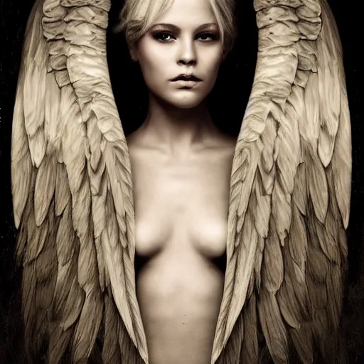 Image similar to very pretty blond female angel with large wings in a dark cave, perfect symmetrical face, shallow depth of field, moody lighting, 8 k, concept art, in the style of martina fackova,