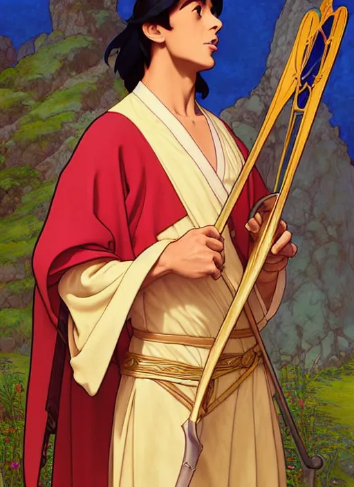 Prompt: tanned medieval diplomat wearing colourful silk robes holding lute, natural lighting, path traced, highly detailed, high quality, digital painting, by don bluth and ross tran and studio ghibli and alphonse mucha, artgerm