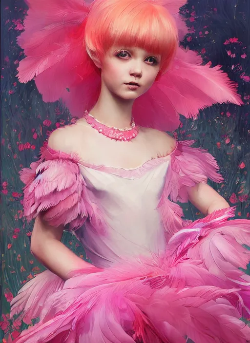 Prompt: beautiful little girl with an pink eccentric haircut wearing an dress made of feathers dancing on stage, artwork made by ilya kuvshinov, inspired in donato giancola, hd, ultra realistic, reflection, flowers, light, realistic face, bird, pixiv