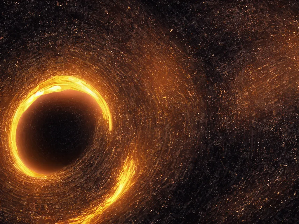 Prompt: fluid gold swirling into a black whole, perspective wide angle view into the black hole, 8 k, unreal engine 5, 3 d animation, big depth of field