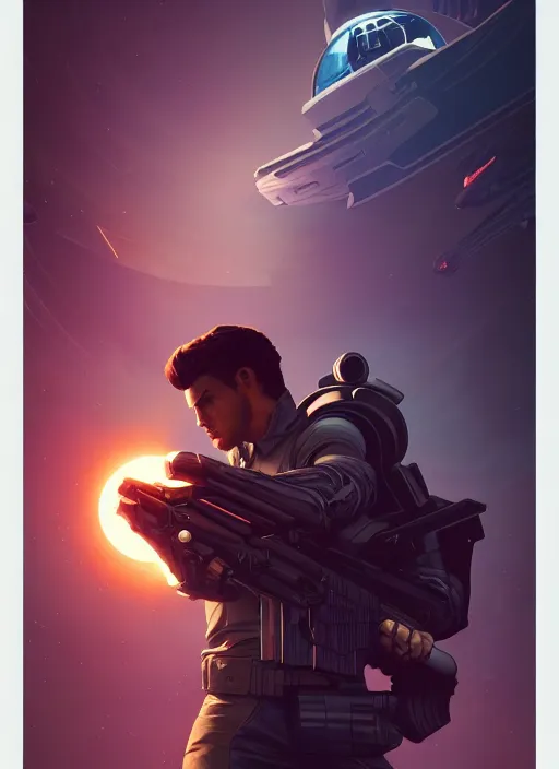 Image similar to side profile centered portrait, man with a gun, spaceship in the background, by artgerm, cushart krenz, miles johnstone, frames, west world show, arcane. art nouveau. gloomhaven, in style james jean, gaudy colors, sharp edges. poster, 8 k. elegant, intricate, octane render