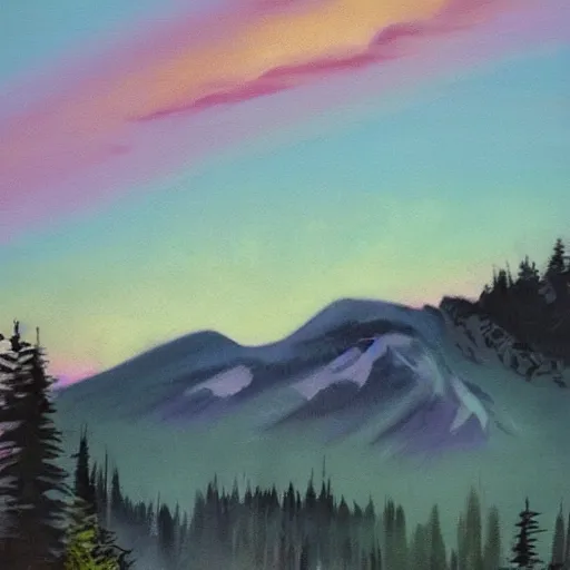 Image similar to beautiful vintage painting, whistler mountain sunset, boho, midcentury, modern, muted pastel colors, top lit, detailed, beautiful solid colors, edge to edge, full frame, intricate, elegant, highly detailed, smooth, sharp focus, high contrast, dramatic lighting, graphic novel, art by bob ross