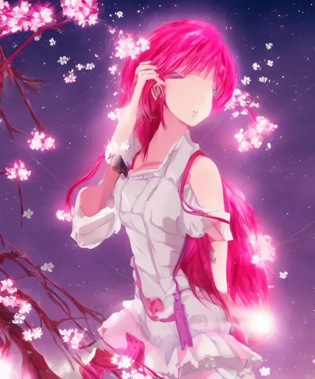 Image similar to anime girl with pink hair, pink flames, video game, cherry blossoms, neo tokyo