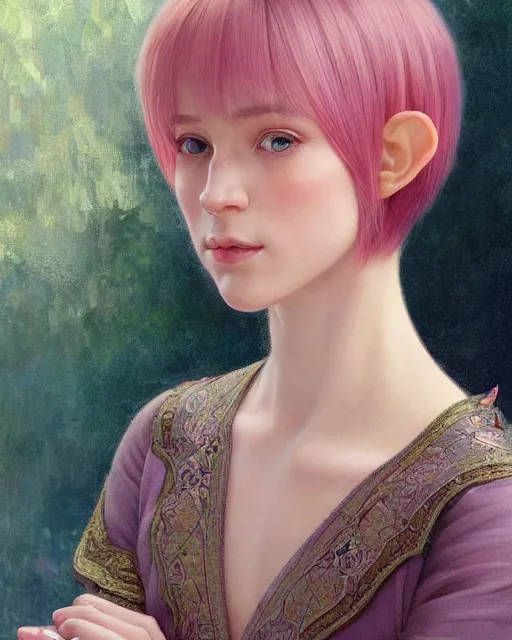 Image similar to portrait of a beautiful half elf girl with short pink layered bob haircut, intricate, elegant, highly detailed, digital painting, artstation, concept art, smooth, sharp focus, illustration, art by artgerm and greg rutkowski and alphonse mucha and uang guangjian and gil elvgren and sachin teng and wlop, symmetry