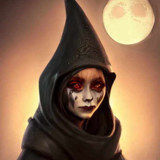 Image similar to portrait of a beautiful female gnome, skull facepaint, dark robes, moonlight, D&D, sharp focus, concept art, realistic, cinematic lighting, fantasy digital painting